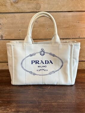 Prada Cream Canvas Tote with Navy Logo